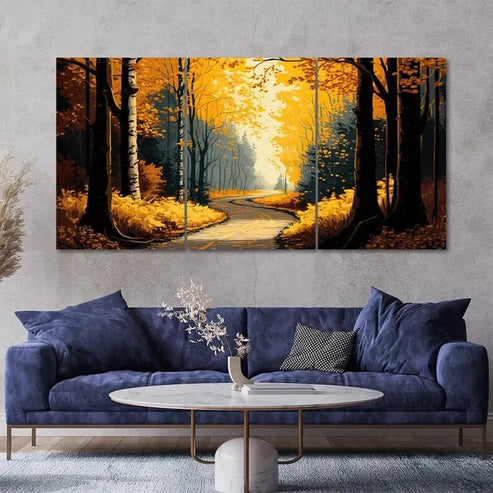3 Pcs Yellow Forest Pathway Painting Style Canvas Framed 60x90cm - High Quality Print 100% Australian Made Wall Canvas Ready to Hang