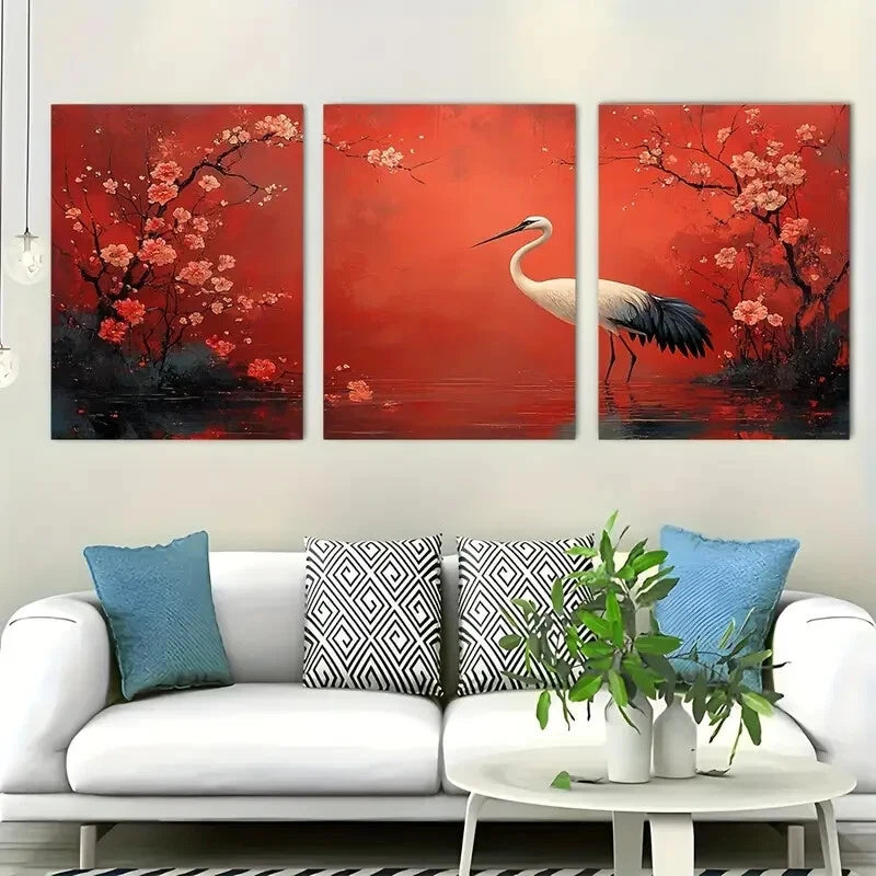 3pcs Beautiful Crane Flower Bird Perfect Wall Art Set Canvas Framed 40x60cm - High Quality Print 100% Australian Made Wall Canvas Ready to Hang
