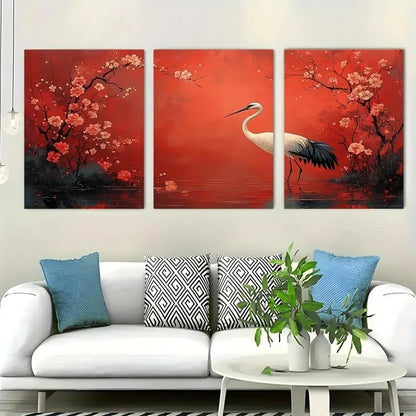3pcs Beautiful Crane Flower Bird Perfect Wall Art Set Canvas Framed 40x60cm - High Quality Print 100% Australian Made Wall Canvas Ready to Hang
