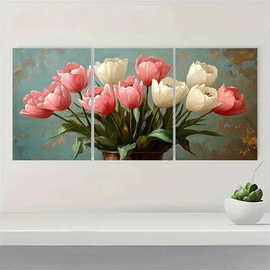 3pcs Fresh White and Pale Pink Tulips in Vases Metal Print Ready to Hang Art