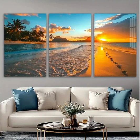 3pcs Tropical Beach Sunset Modern Seascape Metal Print Ready to Hang Art