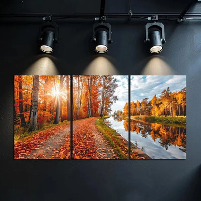 3pcs Autumn Sunlit Path & Serene River Metal Print Ready to Hang Art