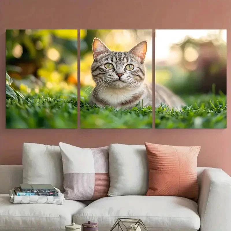 3pcs British Silver Tabby Cat Green Grass Metal Print Ready to Hang Art