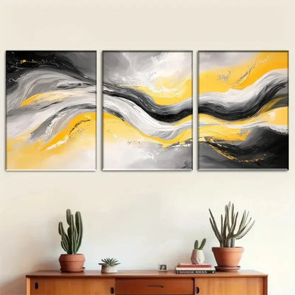 3pcs Modern Abstract Yellow Grey and Black Metal Print Ready to Hang Art