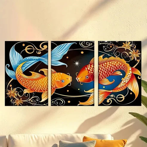 3pcs two Golden fish in black background Wall Art Set Canvas Unframed - High Quality Print 100% Australian Made Wall Canvas