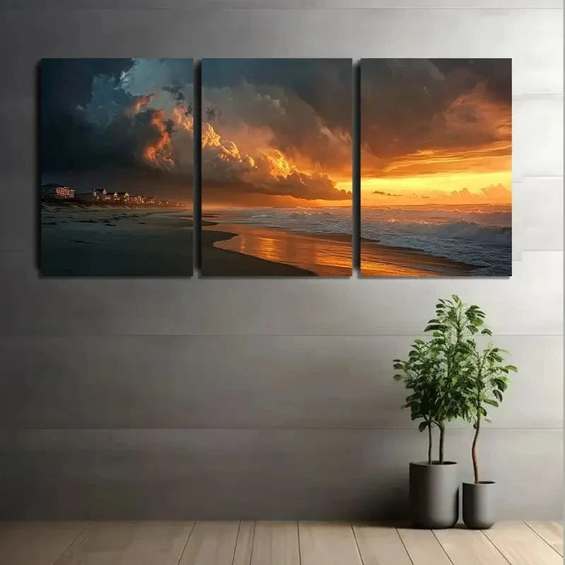 3pcs Dramatic Ocean Sunset with Storm Clouds Metal Print Ready to Hang Art