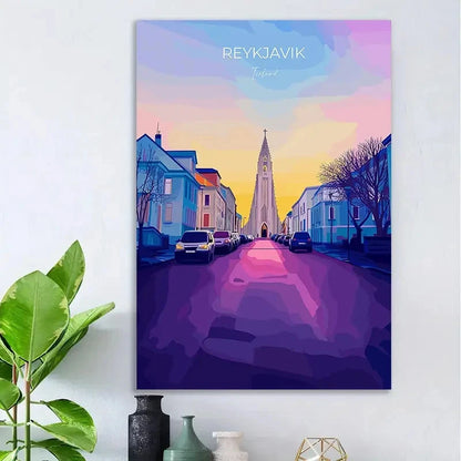 Icelandic Reykjavik Cityscape Vintage Iceland Travel Poster Print Wall Art