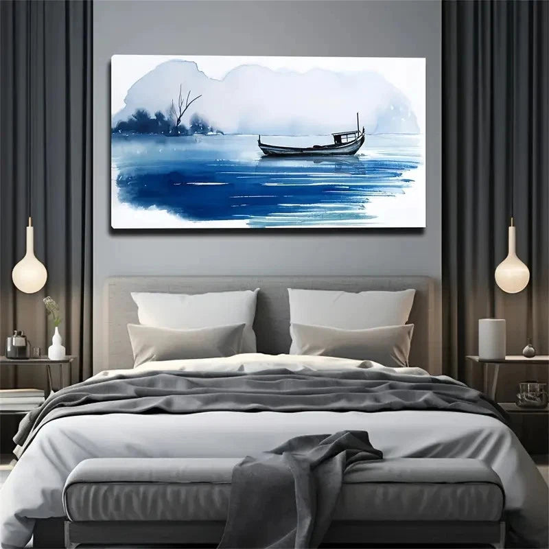 Boat On The River Suitable Wall Art Canvas Office Home Room Framed 120x60cm