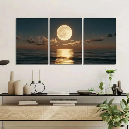 3pcs Full Moon Setting Over the Ocean Metal Print Ready to Hang Art