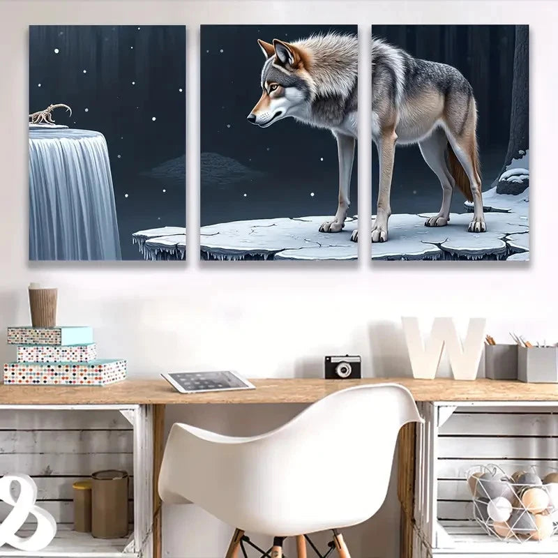 3pcs Wolf Howls at the Moon Y Wall Art Set Canvas Framed 40x60cm - High Quality Print 100% Australian Made Wall Canvas Ready to Hang