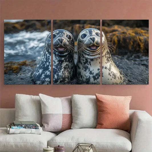 3pcs Two Friendly Seals Laughing Together Cute Metal Print Ready to Hang Art