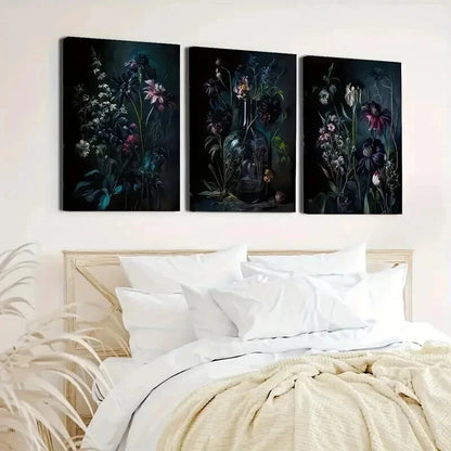3pcs Dark Toned Vintage Botanical Prints Wall Art Set Canvas Framed 40x60cm - High Quality Print 100% Australian Made Wall Canvas Ready to Hang