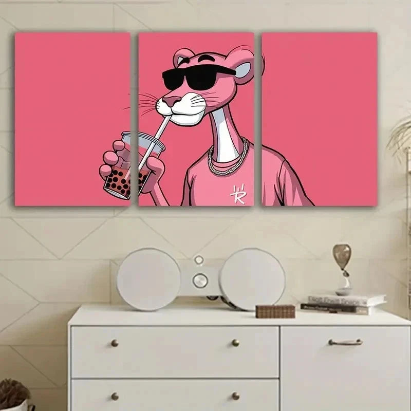 3pcs Pink Panther Wearing Glasses Metal Print Ready to Hang Art
