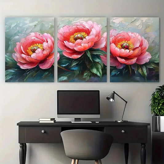 3pcs Peonies Impasto Flowers Décor Perfect Wall Art Set Canvas Framed 40x60cm - High Quality Print 100% Australian Made Wall Canvas Ready to Hang