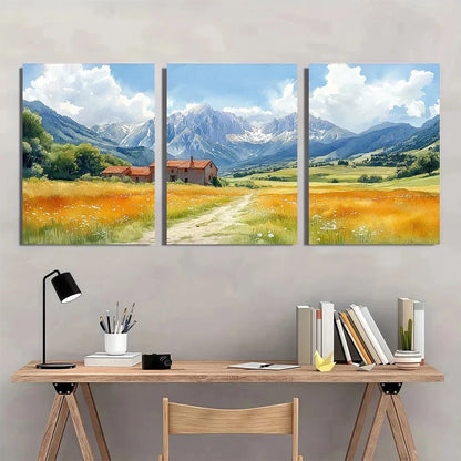 3pcs Golden Wheat Fields Rolling Hills & Mountain Metal Print Ready to Hang Art