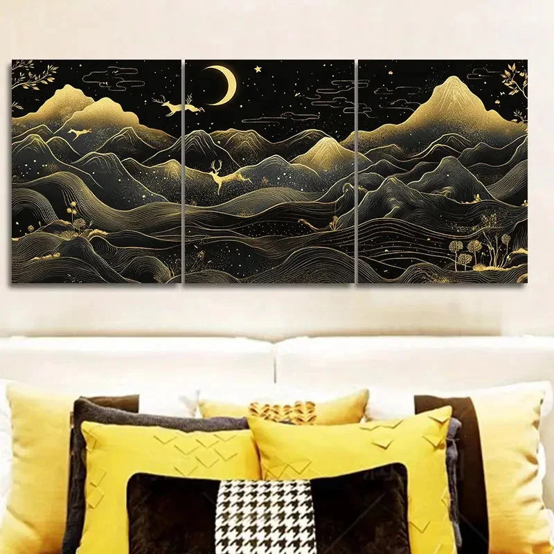 3pcs Golden Mountains And Deer Under Moonlight Wall Art Set Canvas Framed 60x90cm - High Quality Print 100% Australian Made Wall Canvas Ready to Hang
