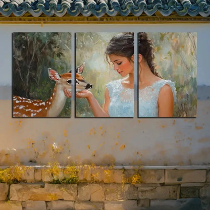 3pcs Cute Girl holding a Deer face Design Metal Print Ready to Hang Art