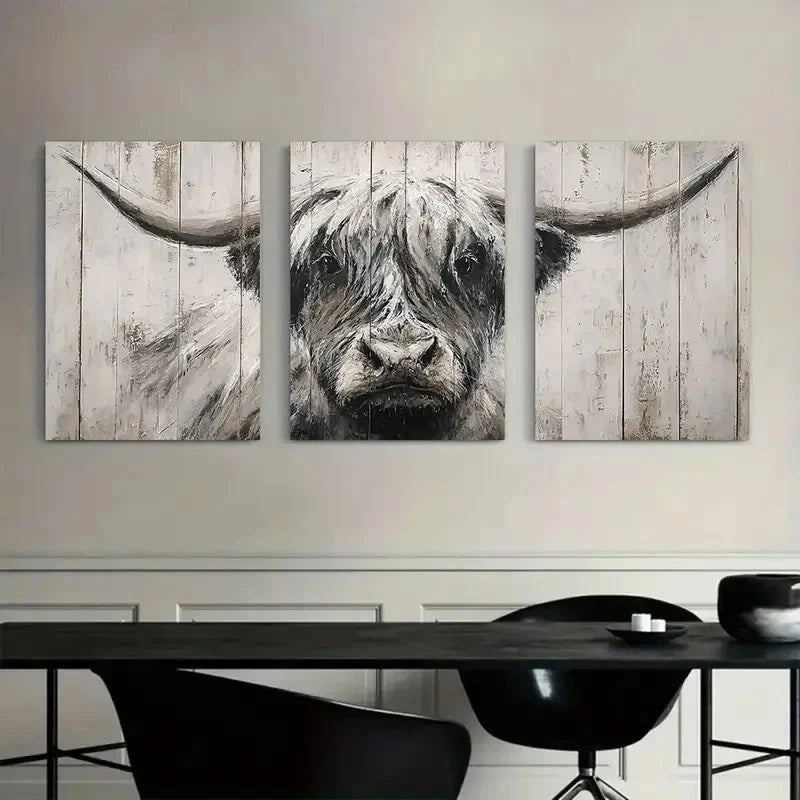 3pcs Hand-Painted Highland Cow Portrait Metal Print Ready to Hang Art