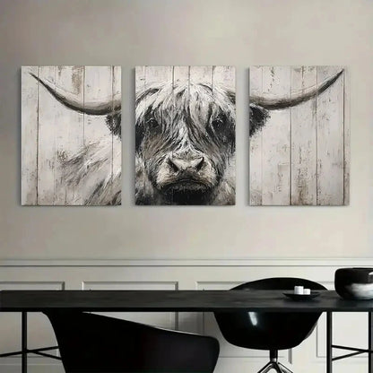3pcs Hand-Painted Highland Cow Portrait Metal Print Ready to Hang Art