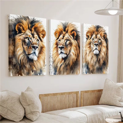 3pcs Lion Watercolor Safari Animal Wall Art Set Canvas Framed 40x60cm - High Quality Print 100% Australian Made Wall Canvas Ready to Hang