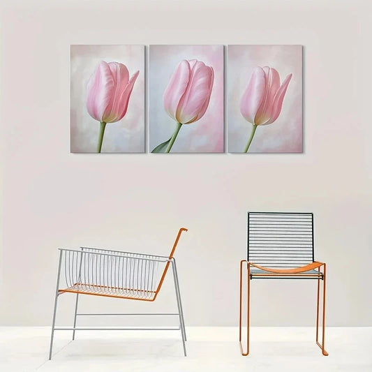 3pcs Pink Tulip Modern Floral Metal Print Ready to Hang Art