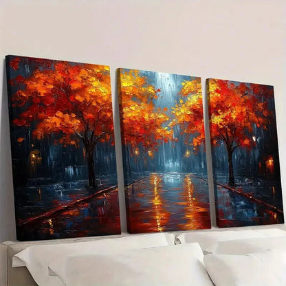 3pcs Night Rainy Street Oil Painting Y Wall Art Set Canvas Framed 60x90cm - High Quality Print 100% Australian Made Wall Canvas Ready to Hang