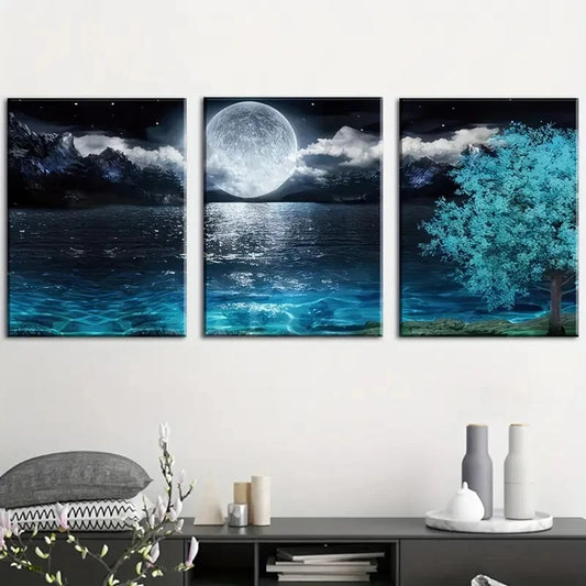 3pcs Sea Moon Modern Landscape Painting Metal Print Ready to Hang Art