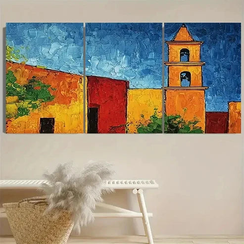 3pcs Vibrant Mexican Bell Tower Wall Art Set Canvas Unframed - High Quality Print 100% Australian Made Wall Canvas