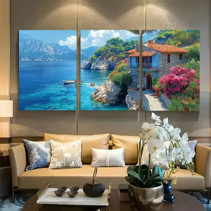3pcs Mediterranean Coast Stone House & Sea View Metal Print Ready to Hang Art