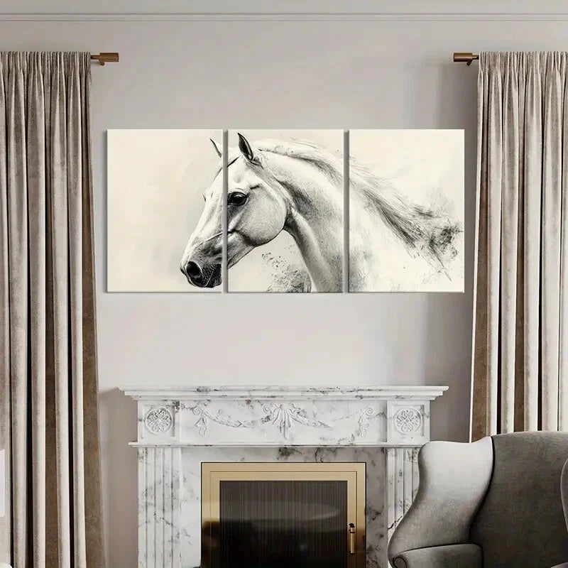 3pcs Elegant Horse Art Monochrome Sketch Metal Print Ready to Hang Art