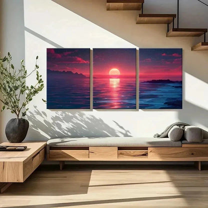 3pcs Sunset Horizon Sea Ocean Vintage Wall Art Set Canvas Framed 40x60cm - High Quality Print 100% Australian Made Wall Canvas Ready to Hang