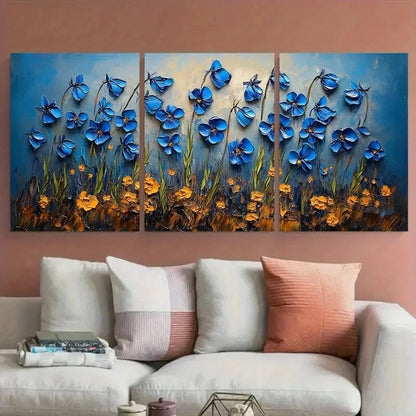 3pcs Bluebell Flowers Impasto Design Metal Print Ready to Hang Art