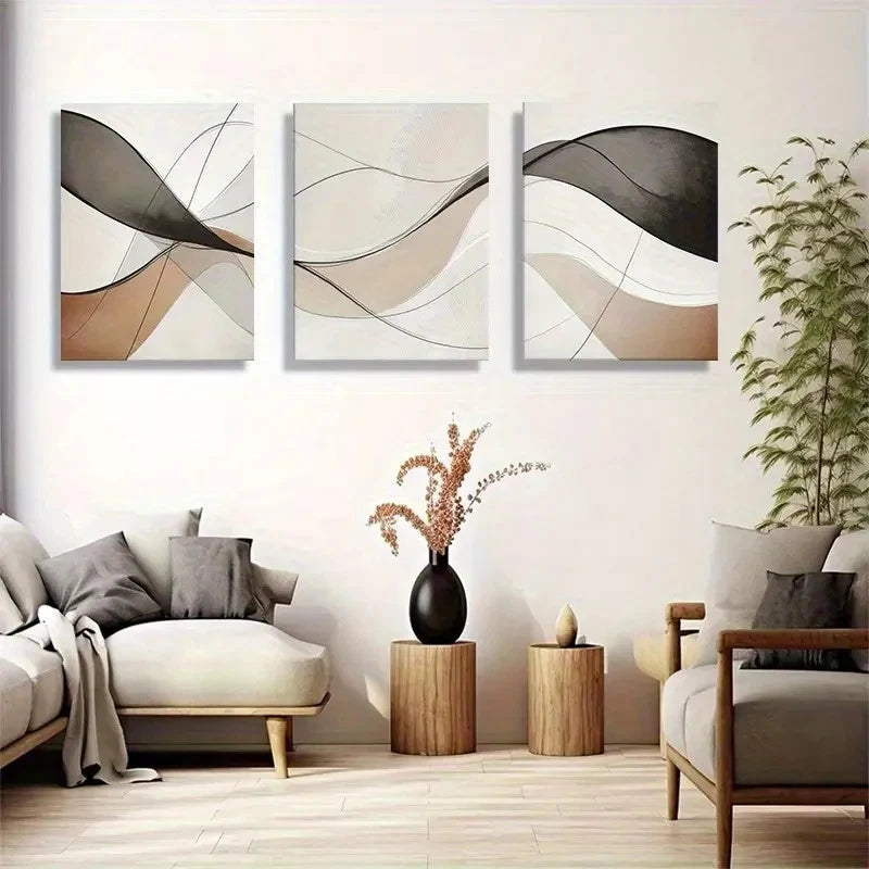 3pcs Abstract Beige & Black Geometric Design Metal Print Ready to Hang Art