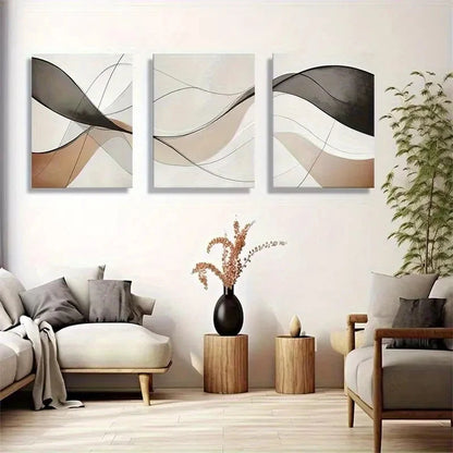 3pcs Abstract Beige & Black Geometric Design Metal Print Ready to Hang Art