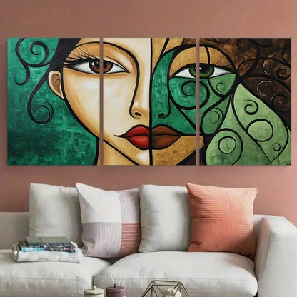 3pcs Brown And Green Woman Painting Woman Face Wall Art Set Canvas Framed 40x60cm - High Quality Print 100% Australian Made Wall Canvas Ready to Hang
