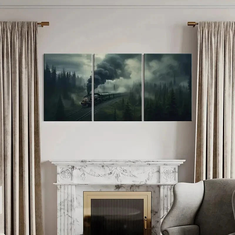 3pcs Misty Forest Steam Train Dark Sky Metal Print Ready to Hang Art