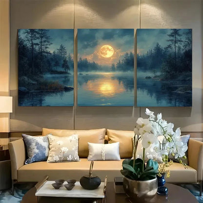 3pcs Moon Over a Calm Stream At Night Metal Print Ready to Hang Art