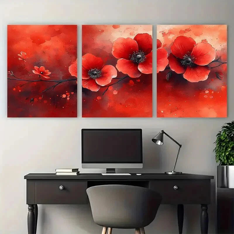 3pcs Vibrant Red Floral Textured Illustration Metal Print Ready to Hang Art