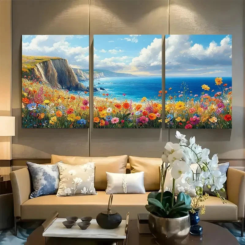 3pcs Seaside Landscape with Blooming Flower Summer Metal Print Ready to Hang Art