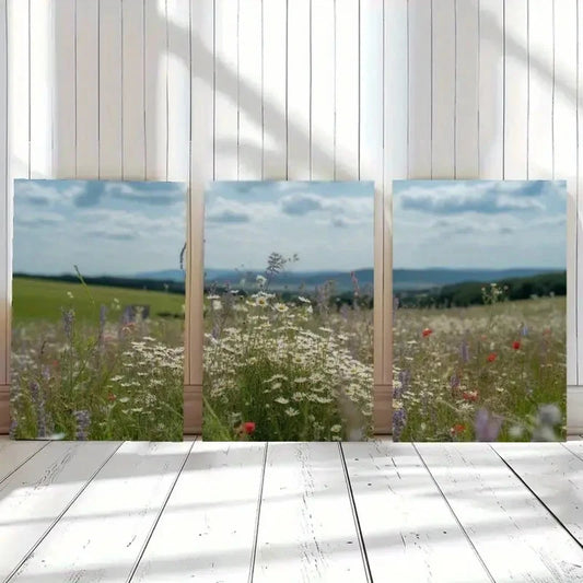 3pcs Wildflowers Meadow Landscape Painting Metal Print Ready to Hang Art