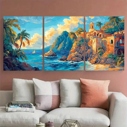 3pcs Serene Beach View Landscape Mexico Travel Wall Art Set Canvas Framed 50x70cm - High Quality Print 100% Australian Made Wall Canvas Ready to Hang