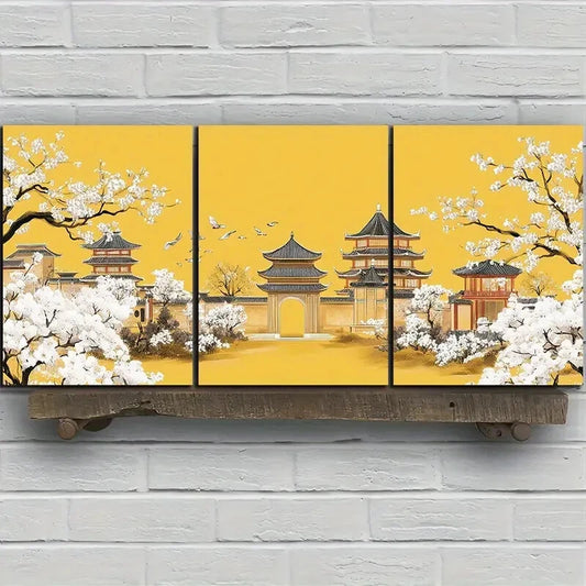 3pcs Architecture And Plum Blossoms Metal Print Ready to Hang Art