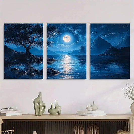 3pcs Full Moon Pine Trees & Mountain Silhouettes Metal Print Ready to Hang Art