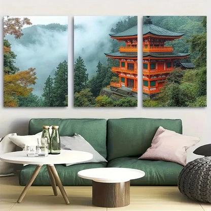 3pcs Tranquil Japanese Pagoda Misty Mountain Metal Print Ready to Hang Art