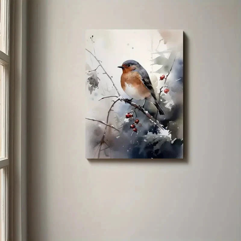 Canvas print of a bird on a branch with berries hanging on a wall.