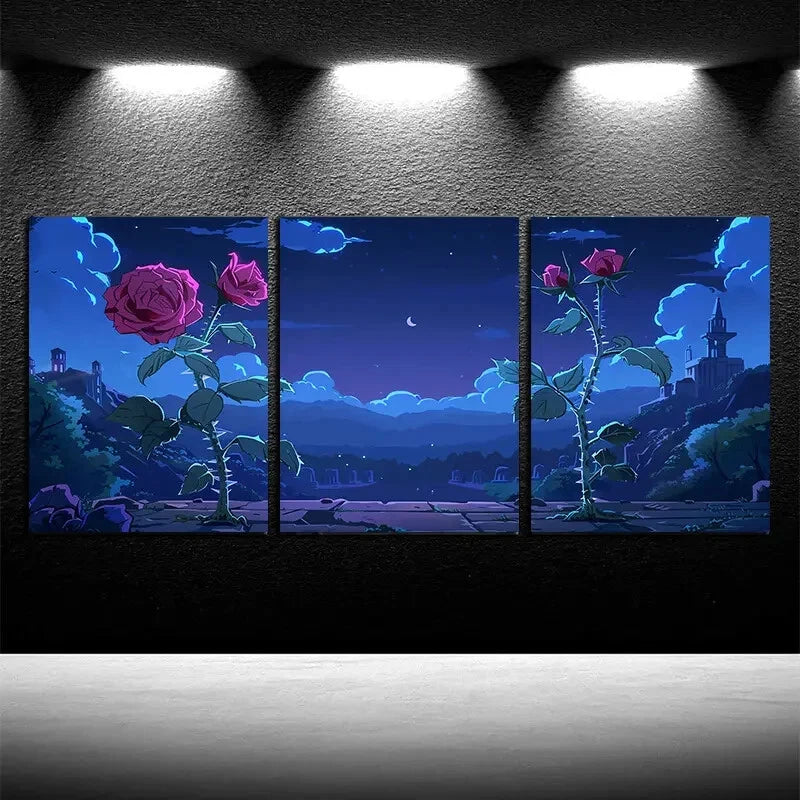 3pcs Elegant Roses with Leaves Night Themed Design Metal Print Ready to Hang Art