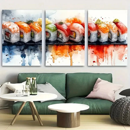 3pcs Japanese Sushi Watercolor Metal Print Ready to Hang Art
