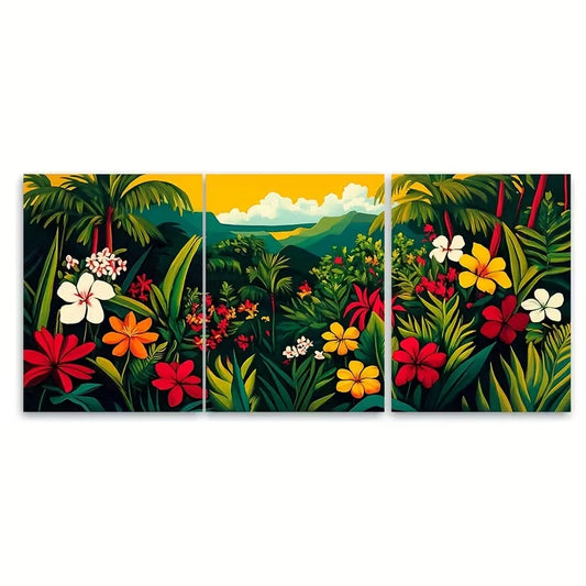 3pcs Tropical Scenery with Palm Trees & Flowers Metal Print Ready to Hang Art