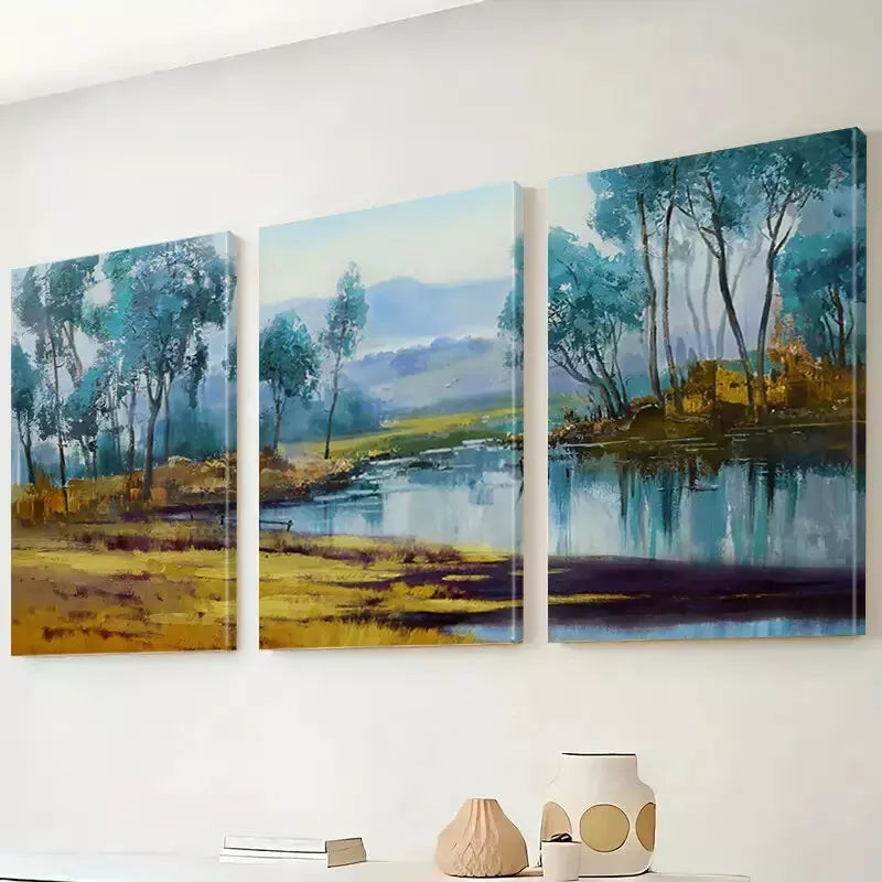 3pcs Classic Retro Minimalist Countryside River Wall Art Set Canvas Framed 50x70cm - High Quality Print 100% Australian Made Wall Canvas Ready to Hang