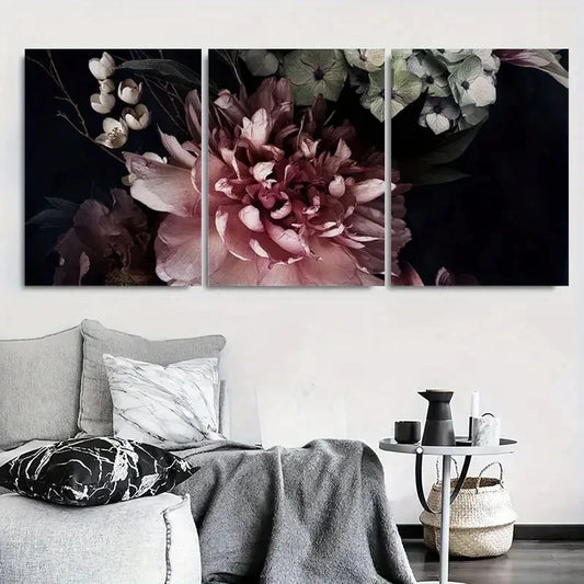 3pcs Dramatic Dark Floral Peony and Hydrangea Wall Art Set Canvas Framed 40x60cm - High Quality Print 100% Australian Made Wall Canvas Ready to Hang